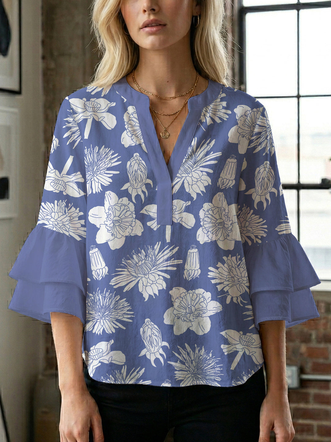 Damen elegantes Blusenshirt mit voluminösen Rüsenärmeln und grafischem Blumendesign Drune