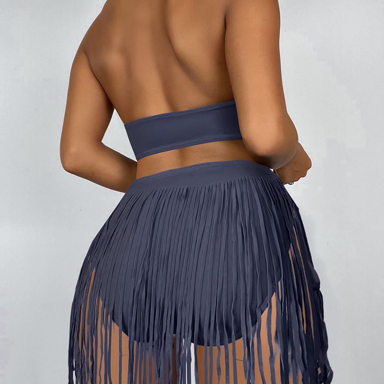 Damen Cut-Out Badeanzug mit fransenverzierter Rockpartie Drune