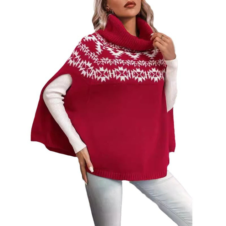Damen Kapuzen-Strick-Cape mit festlichem Muster und hohem Kragen Drune