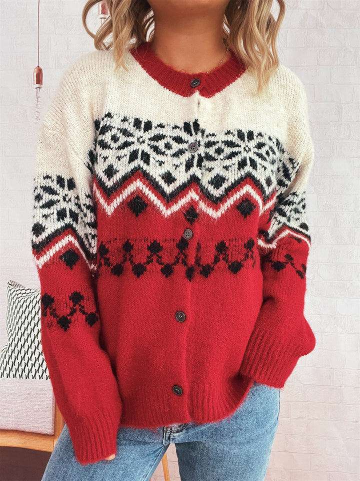 Damen kuschelige Strickjacke mit großem Muster und hochwertiger Verarbeitung Drune