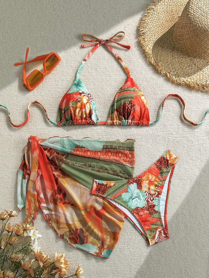Damen Florales Bikini-Set mit Kombination aus Oberteil und Wickeltuch Drune