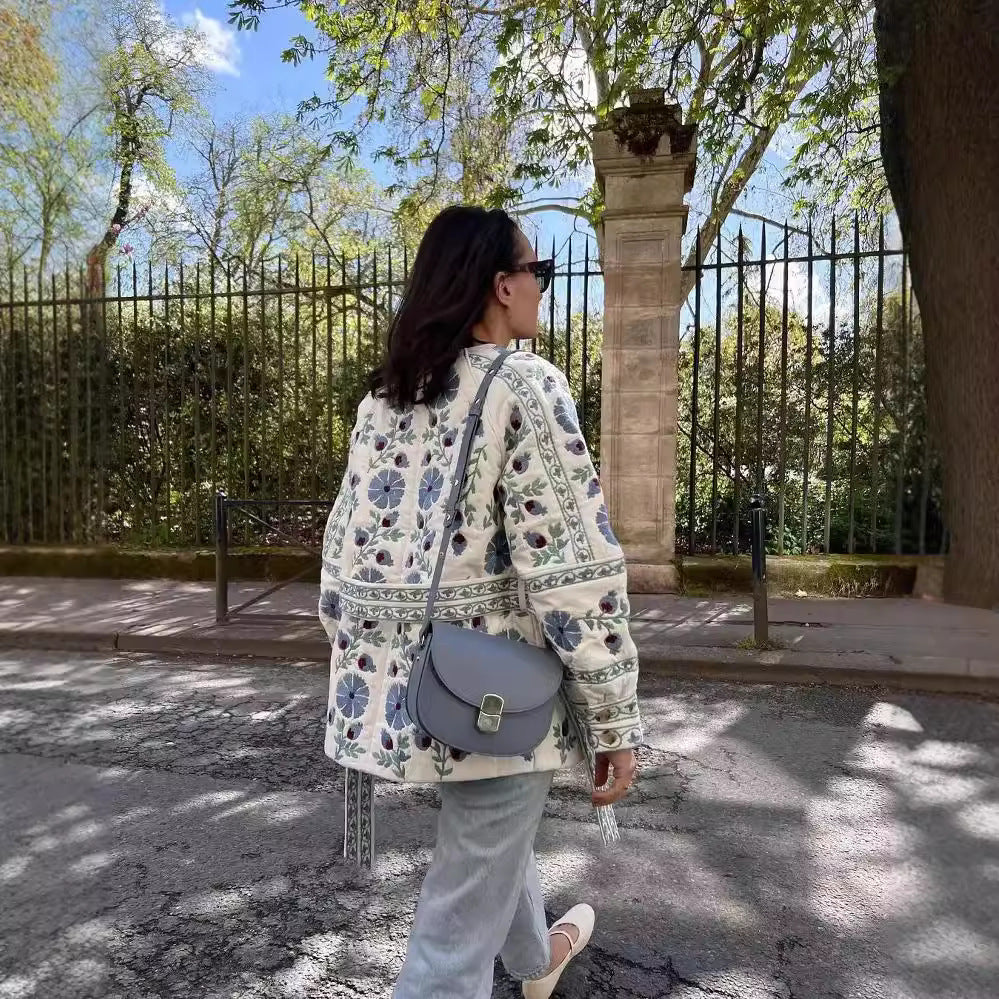 Damen gesteppte Jacke mit floralem Design und Knopfverschluss Drune