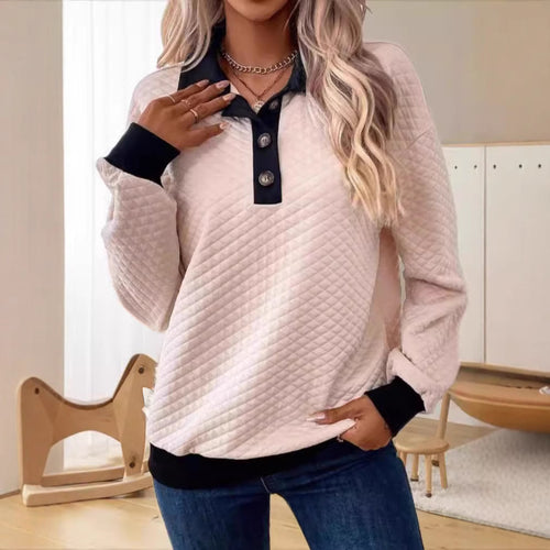 Damen lässiger Sweatpullover mit strukturiertem Kragen und Knopfleiste Drune