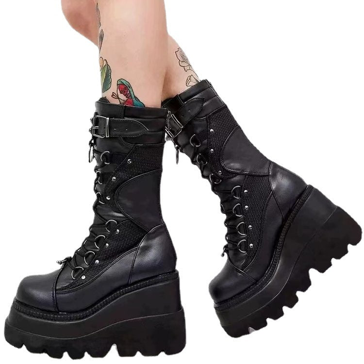 Damen nan knöchelhohe Plateau-Bikerstiefelette mit Schnürung, Zierring und Doppelriemen Drune