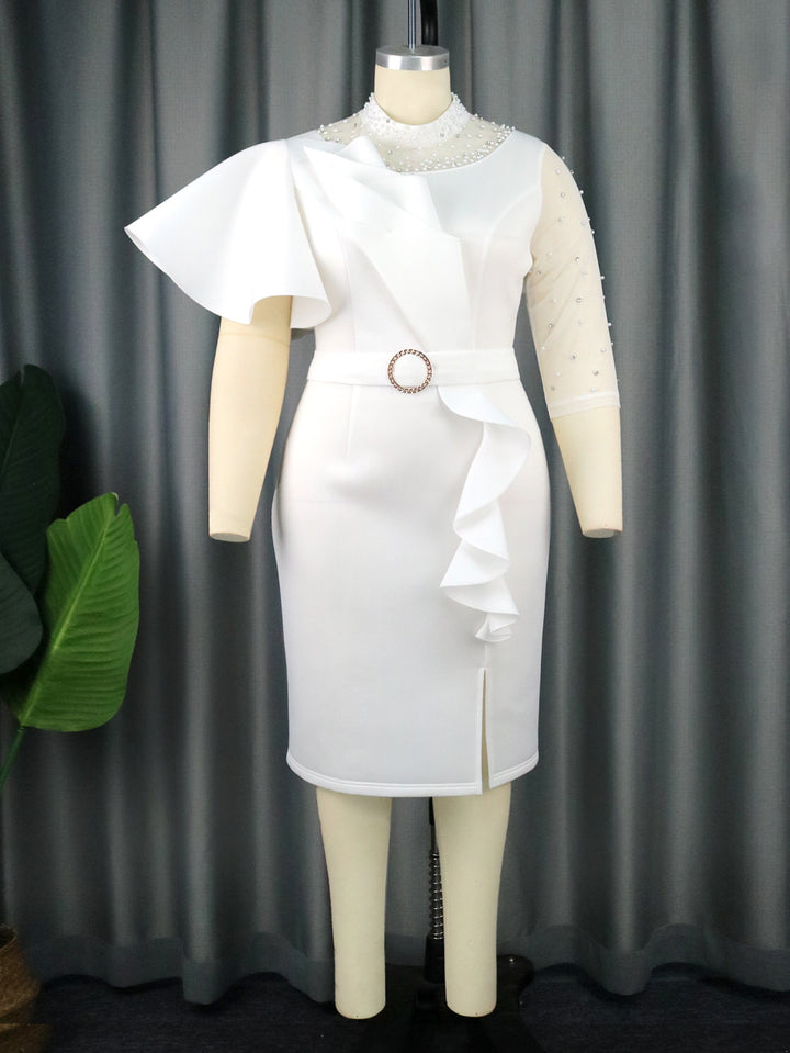 Damen Cocktailkleid mit asymmetrischem Rüschendesign und dekorativen Perlenakzenten Drune