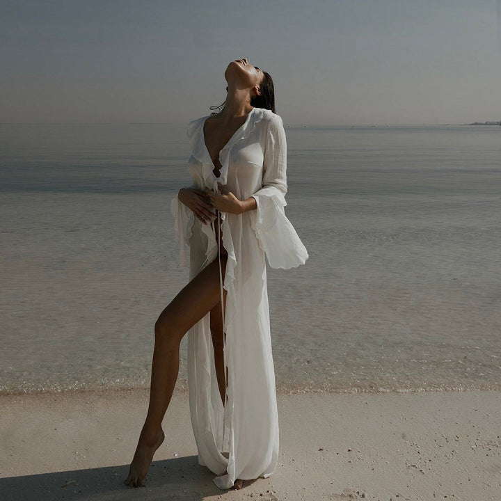Damen elegantes Strandkleid mit Rüschen und tiefem Schlitz Drune