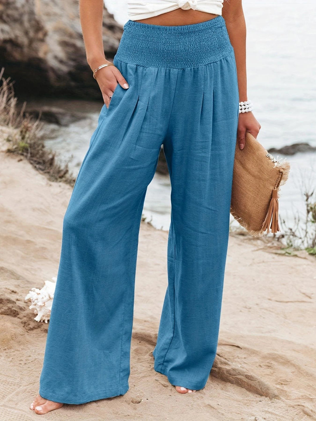 Damen Weite Leinenhose mit elastischem Bund und praktischen Taschen Drune