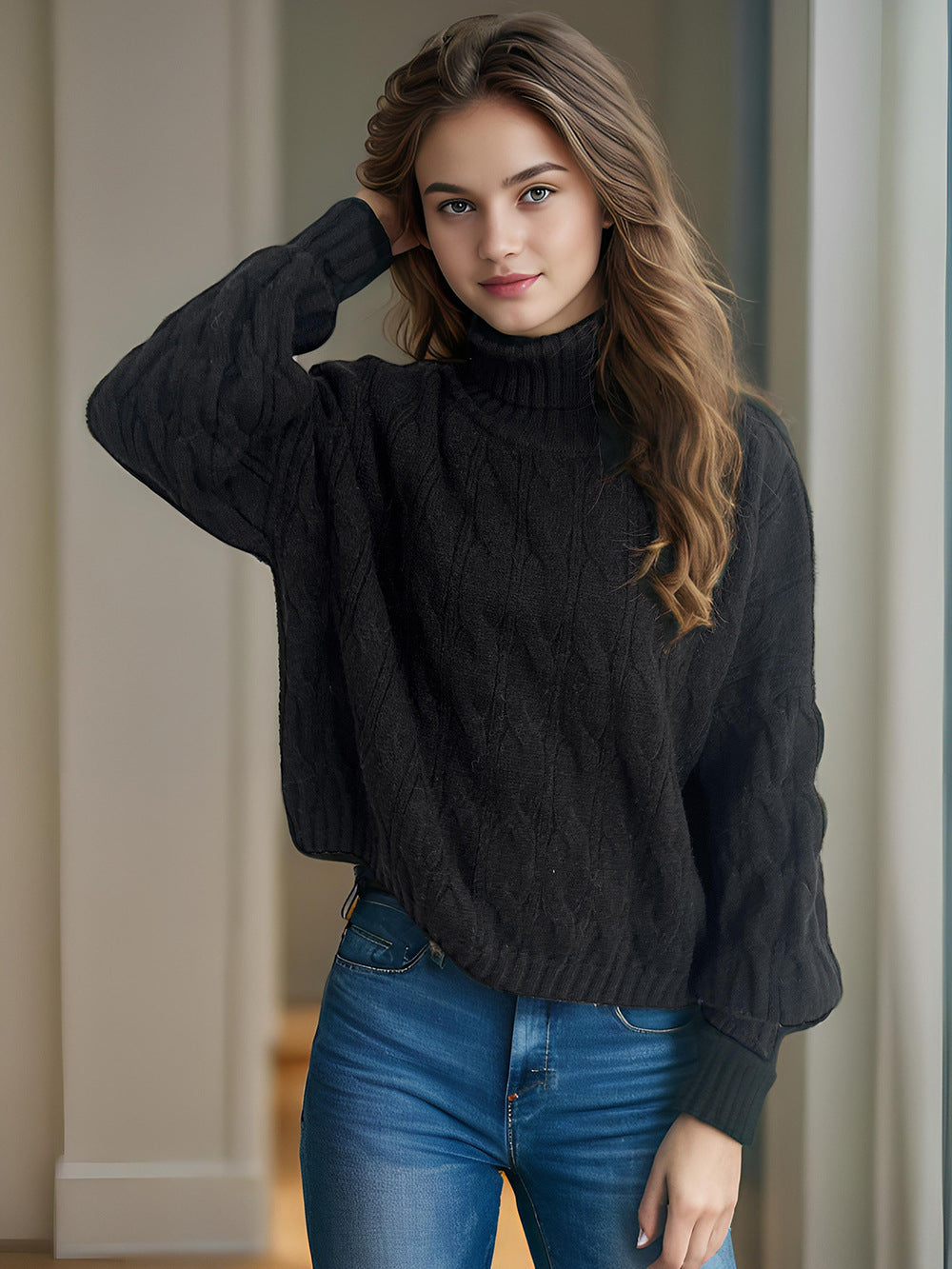 Damen Strickpullover mit hohem Kragen und strukturierter Zopfoptik Drune