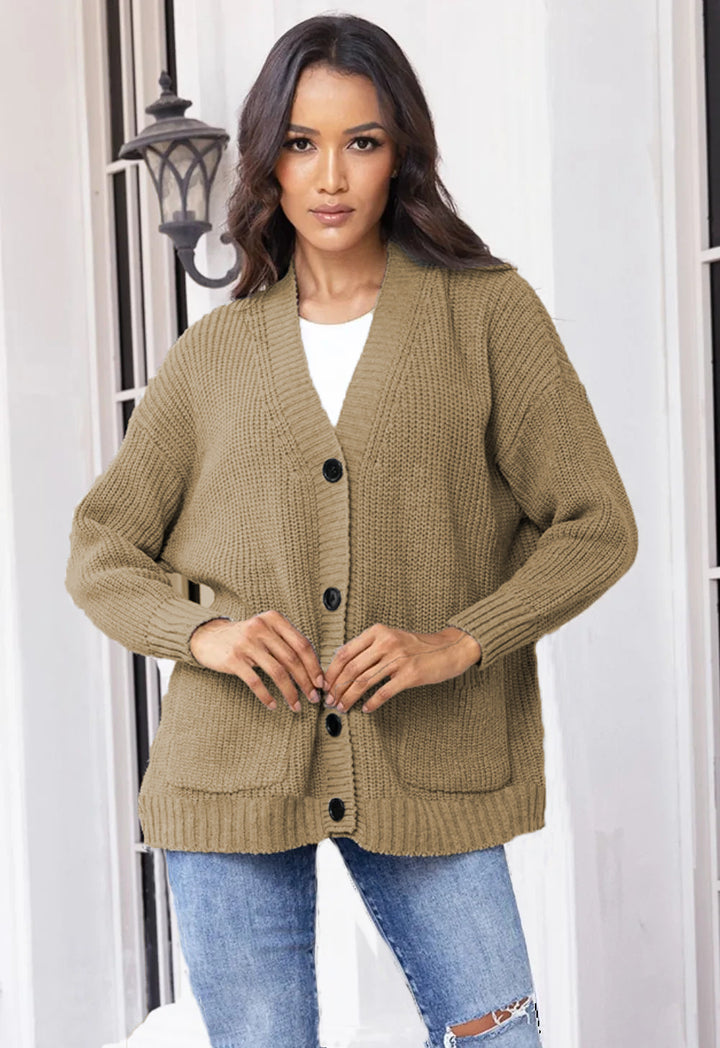 Damen Grobstrickjacke mit großen Taschen und modernem Knopfdesign Drune