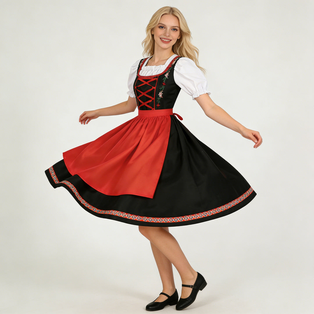 Damen nan traditionelles Dirndlkleid mit besticktem Mieder, Puffärmeln und Schürze Drune