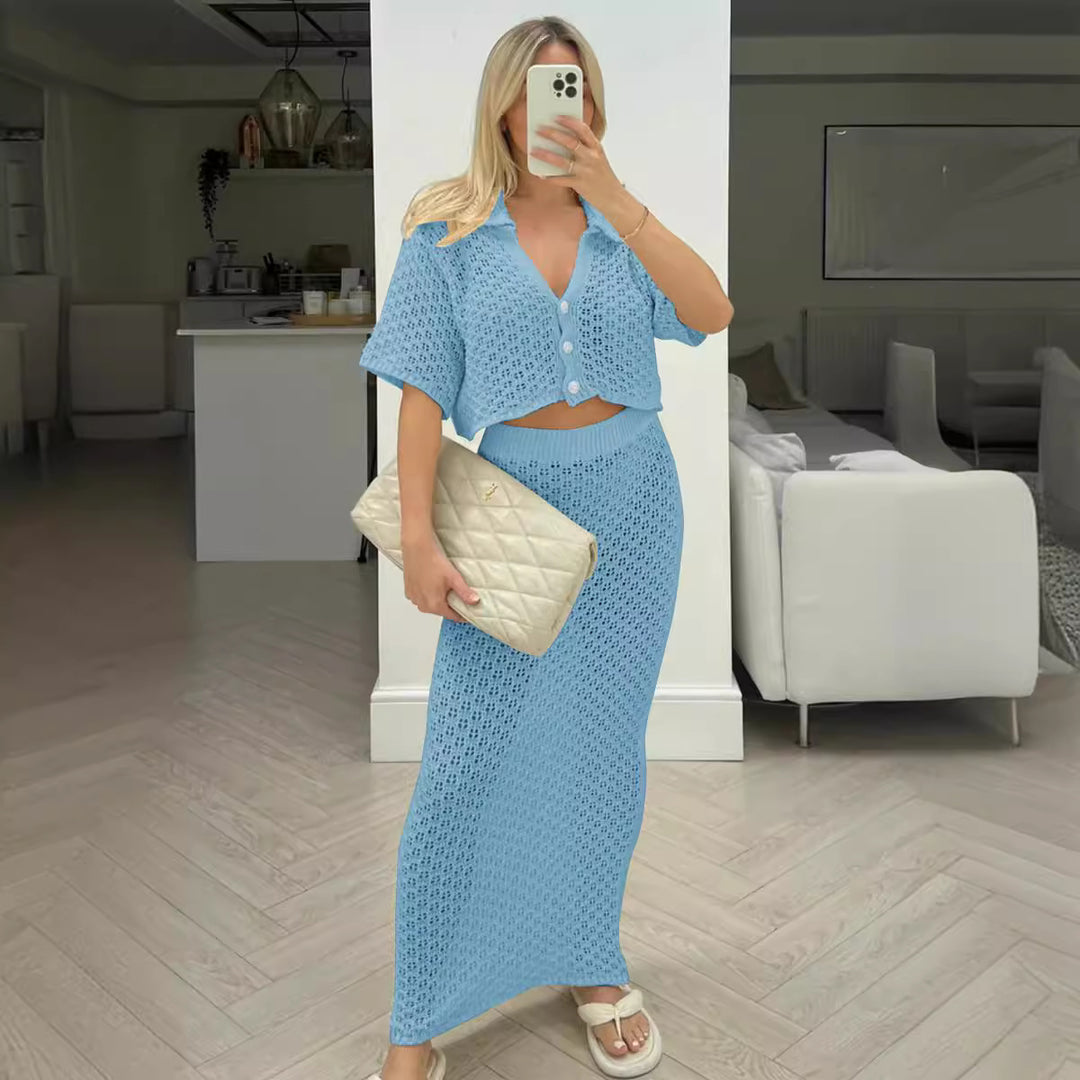 Damen Strick-Set mit offenem Cardigan und maxi Rock Drune