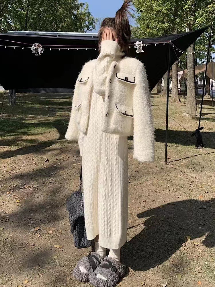 Damen Strickkleid mit strukturiertem Zopfdesign und hohem Kragen Drune