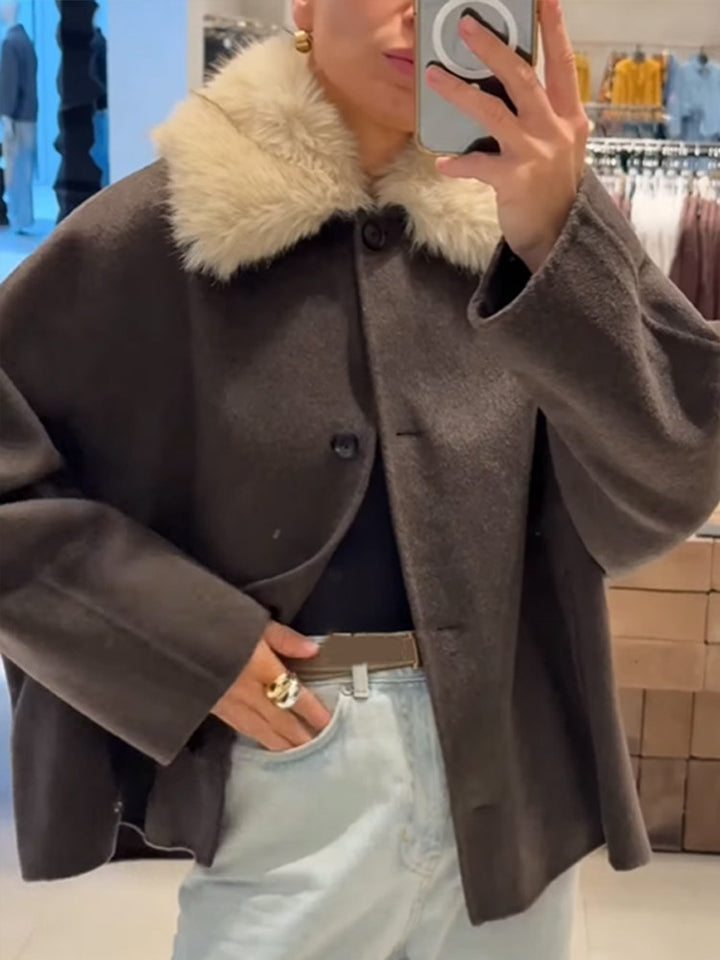 Damen elegante Oversized-Jacke mit Sherpa-Kragen Drune