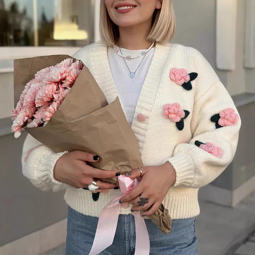 Damen Strickjacke mit floralen Applikationen und voluminösen Ärmeln Drune