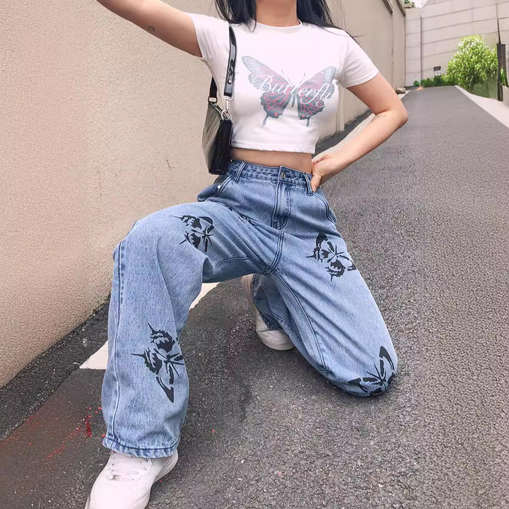Damen weite Jeans mit auffälligem Schmetterlingsdruck Drune
