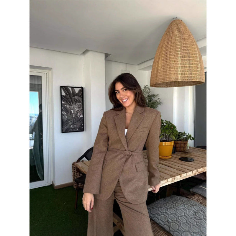 Damen Eleganter Blazer mit Taillengürtel und praktischen Taschen Drune