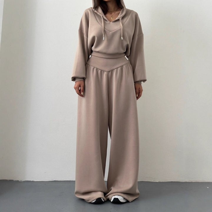 Damen modisches Set aus cropped Hoodie und weitem Bund-Hose Drune