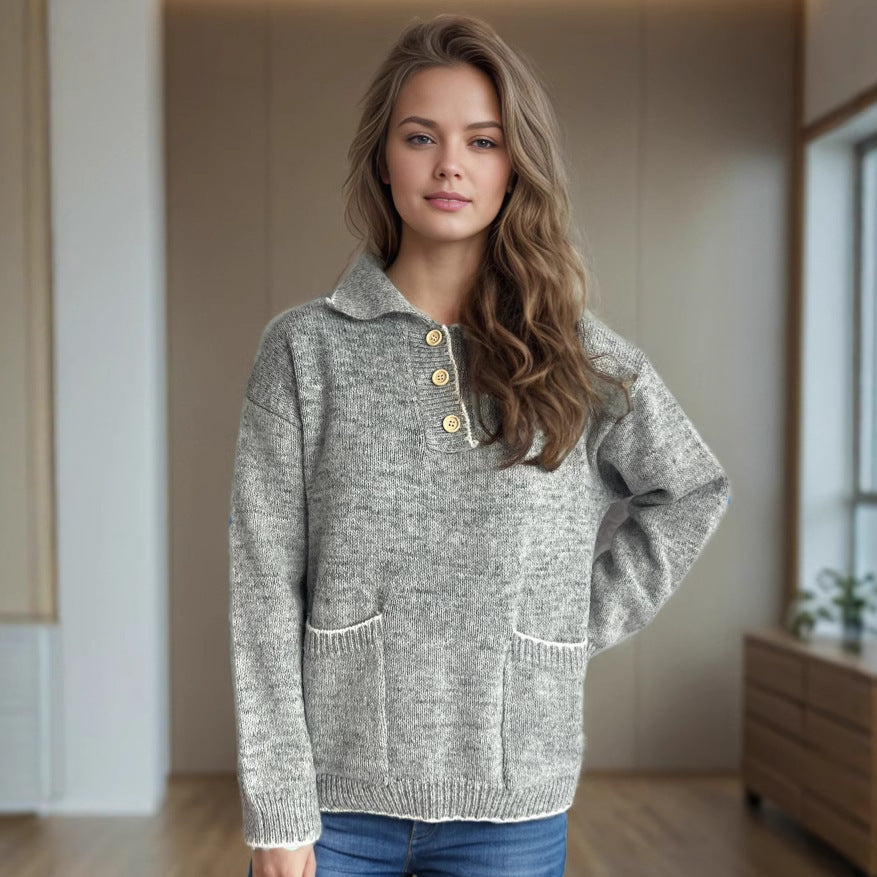 Damen lässiger Strickpullover mit Knopfleiste und aufgesetzten Taschen Drune