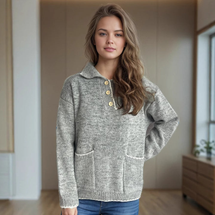 Damen lässiger Strickpullover mit Knopfleiste und aufgesetzten Taschen Drune