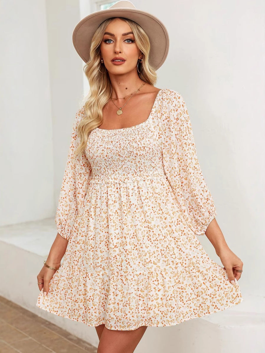 Damen luftiges Blumenkleid mit zeitlosem Quadrat-Ausschnitt Drune