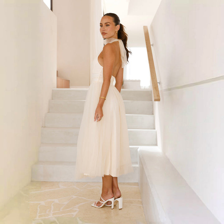 Damen elegantes Hochzeitskleid mit fließendem Tüllrock und neckholder Design Drune