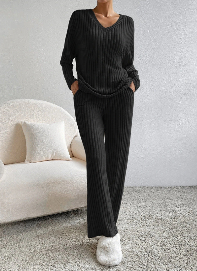Damen lässiges Strick-Lounge-Set mit V-Ausschnitt Drune