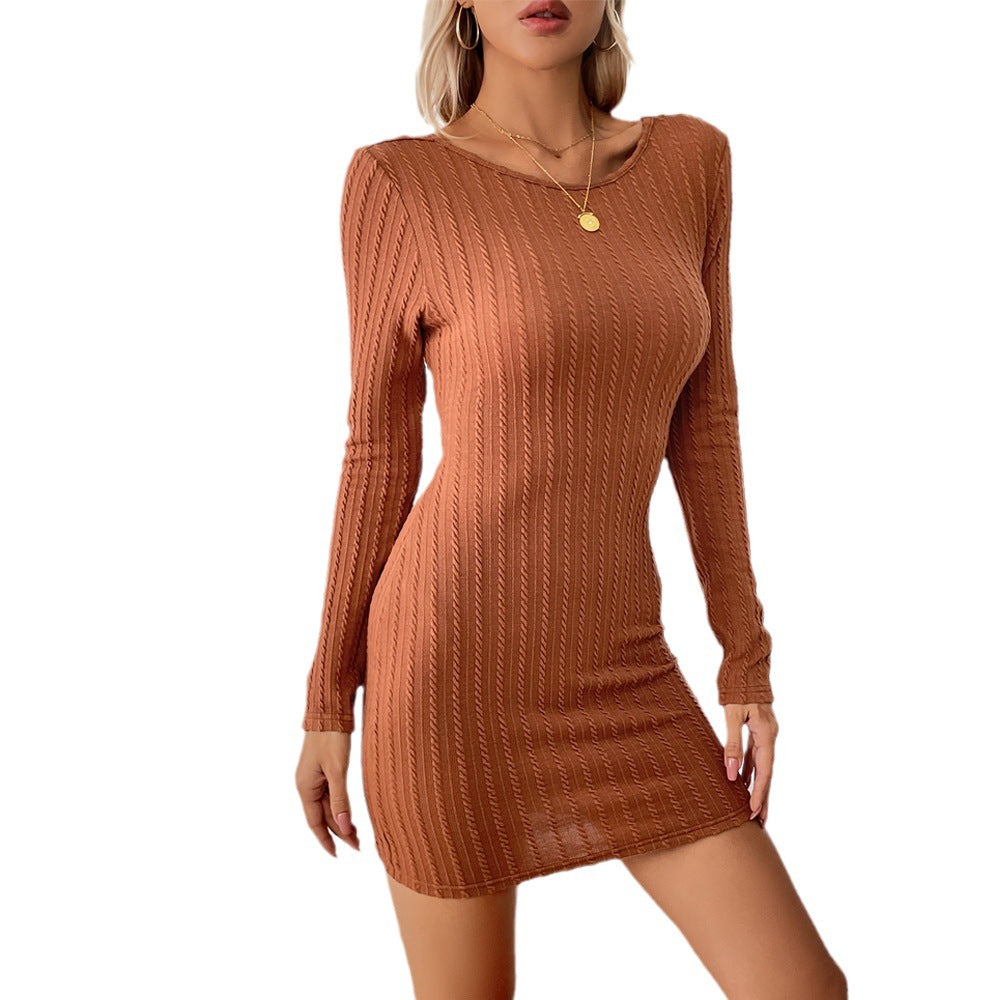 Damen elegantes Strickminikleid mit langen Ärmeln und feinem Rippdesign Drune