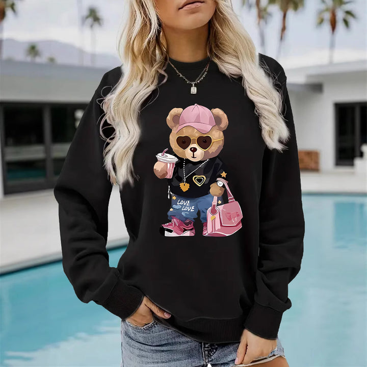 Damen Sweatshirt mit einzigartigem Cartoon-Bären-Motiv und modischem Schriftzug Drune