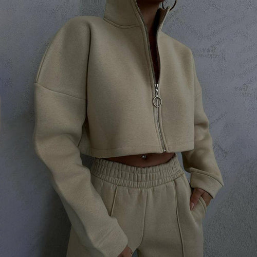 Damen cropped Sweatjacke mit hohem Kragen Drune
