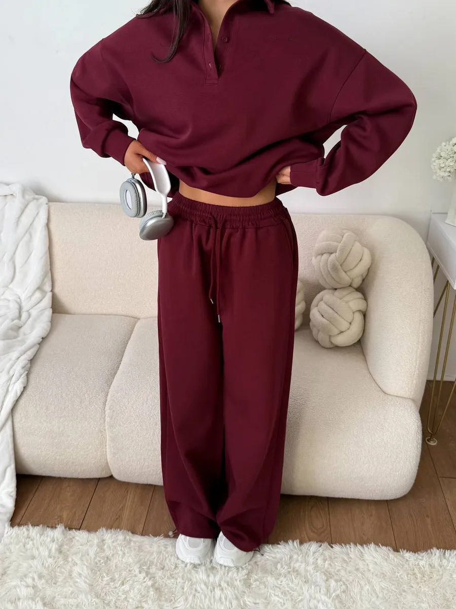 Damen lässiges Poloshirt und weite Hose Set Drune