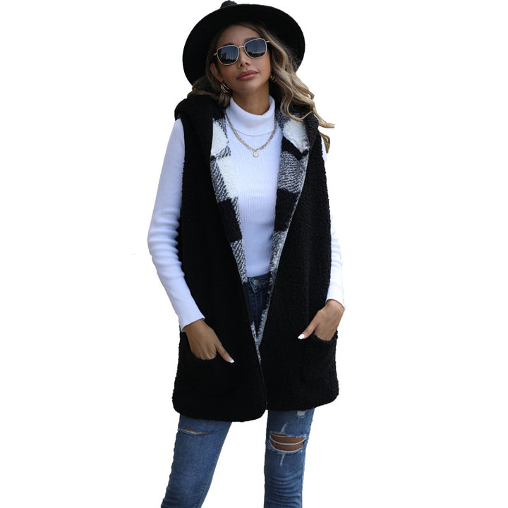 Damen Fleece-Weste mit Kapuze und Karomuster Drune