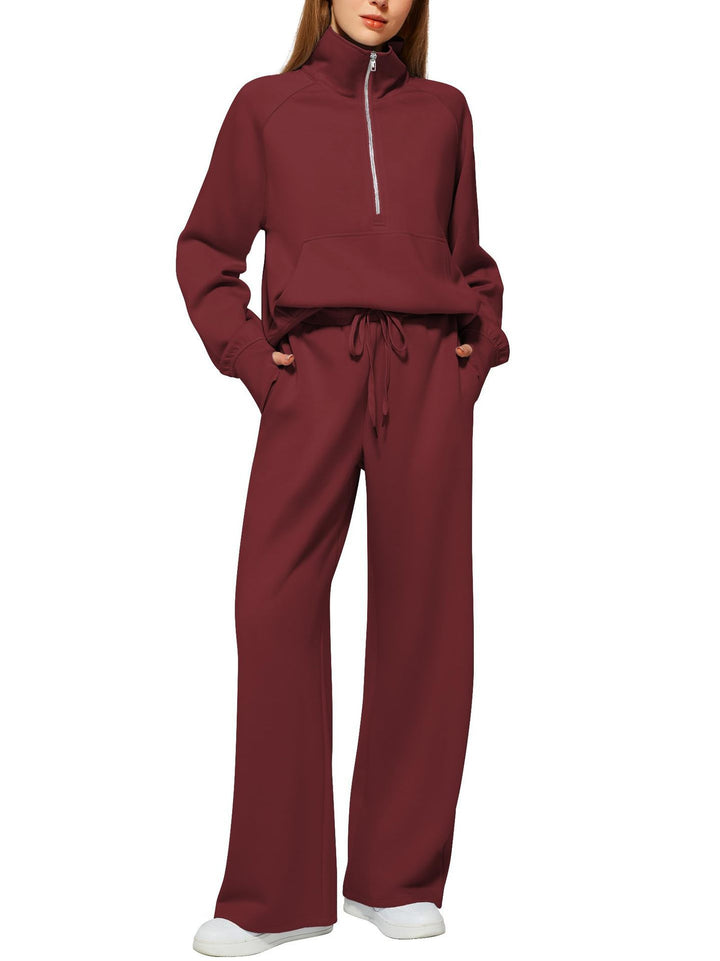 Damen nan halbzip Lounge-Set mit hohem Stehkragen, Kängurutasche und weiten Highwaist-Jogginghose Drune