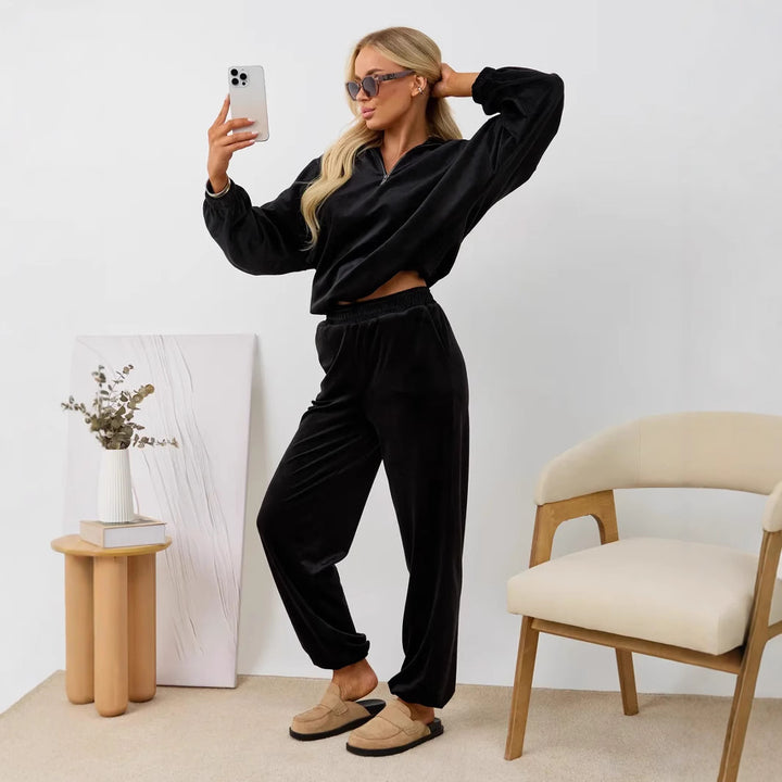 Damen Fleece-Loungewear-Anzug mit Reißverschluss und elastischem Bündchen Drune