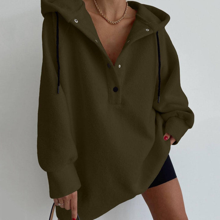 Damen nan kuscheliges Kapuzen-Fleece-Tunika-Sweatshirt mit Druckknopfleiste und überschnittener Schulter Drune