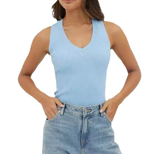 Damen figurbetontes V-Ausschnitt Rippenshirt Drune
