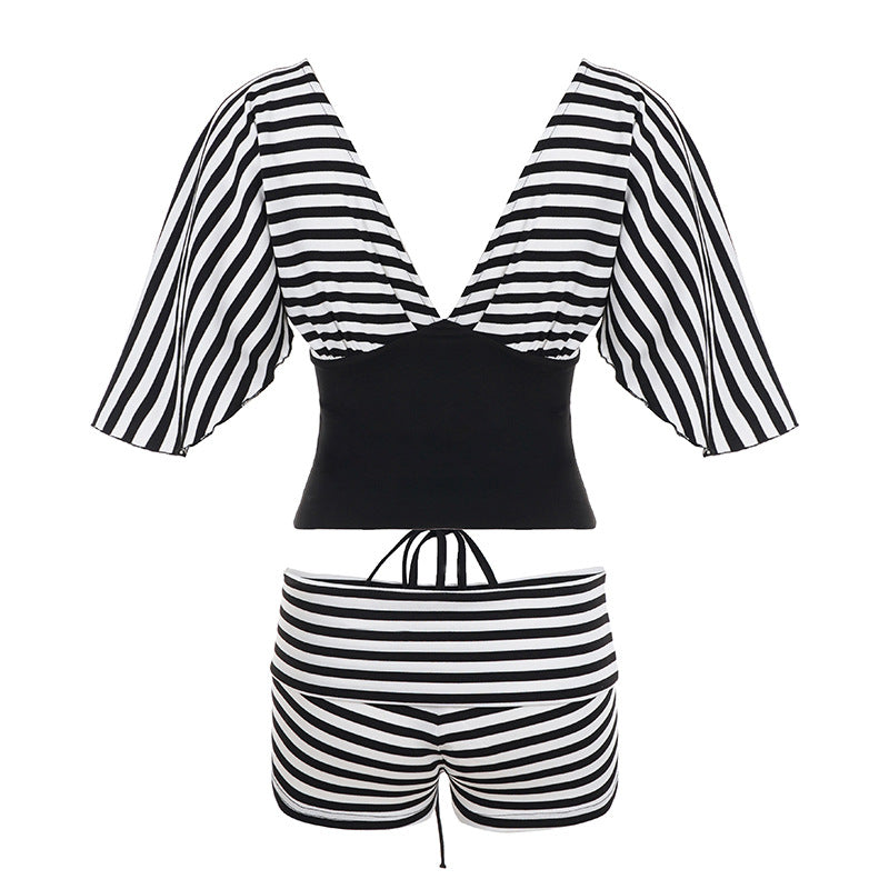 Damen Biquini-Set mit voluminösen Ärmeln und gestreiftem Design Drune
