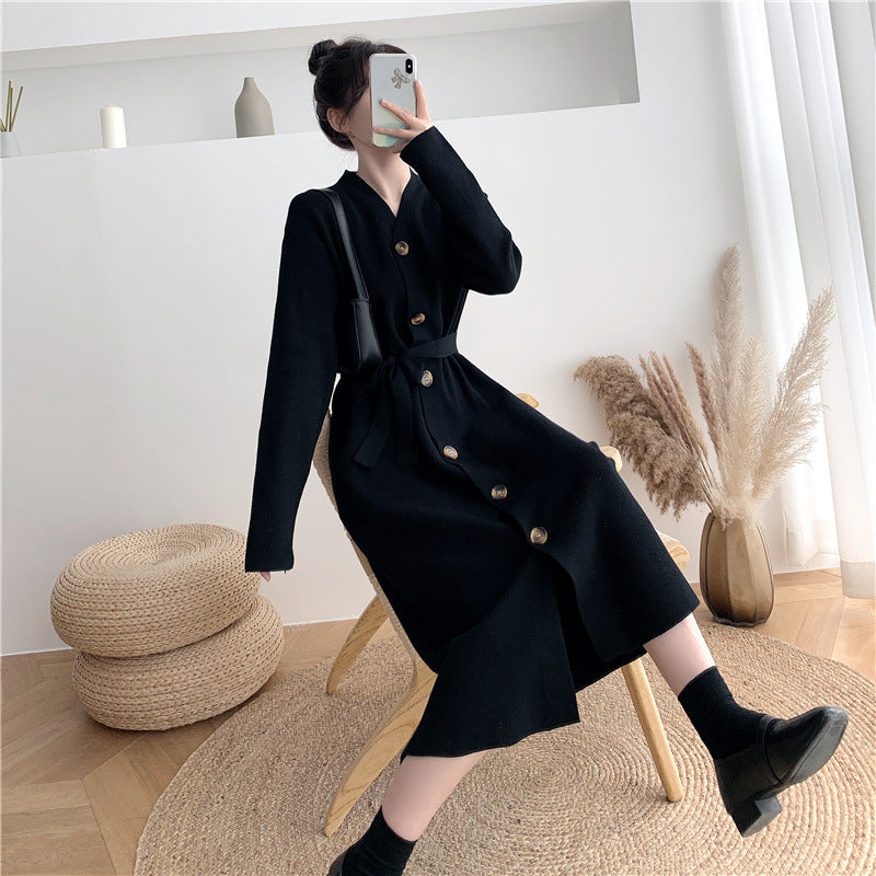 Damen elegantes Strickkleid mit Gürtel und Knöpfen Drune