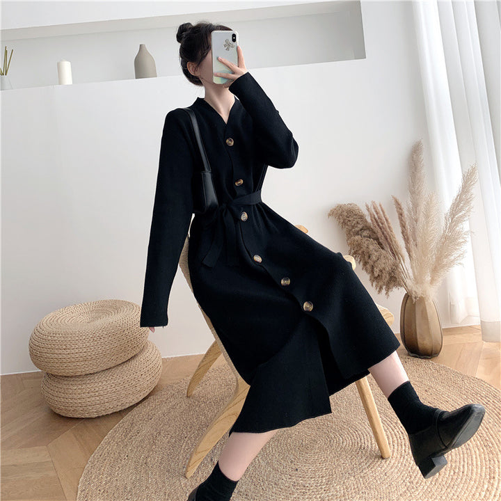 Damen elegantes Strickkleid mit Gürtel und Knöpfen Drune