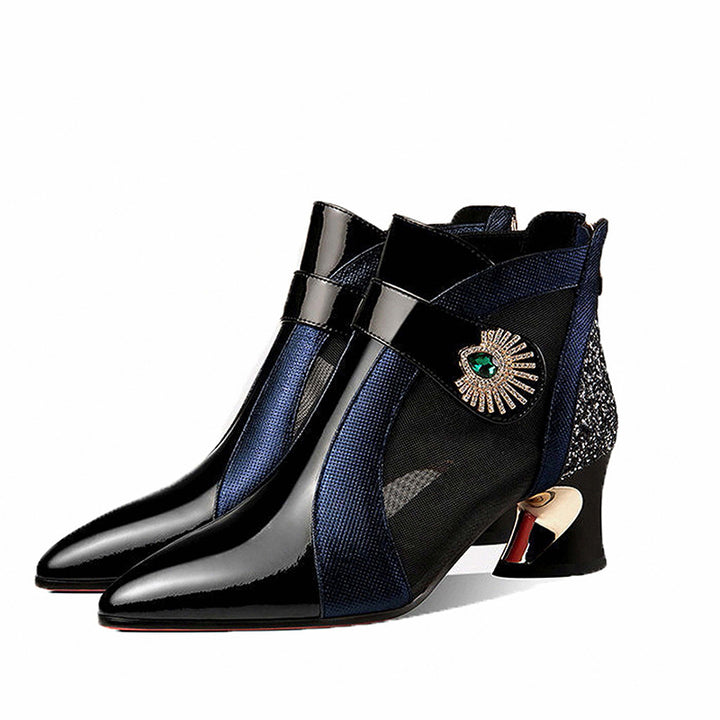 Damen nan elegante Netzstoff-Stiefelette mit Schmuckbesatz und geschwungenem Absatz Drune