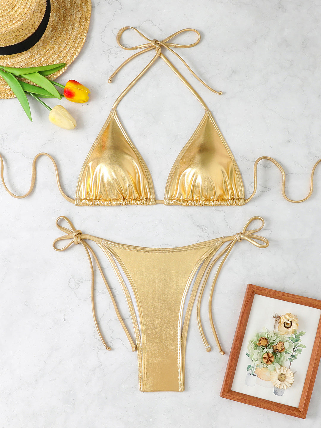 Damen Triangel-Bikini-Set mit hohen Beinausschnitten und verstellbaren Trägern Drune