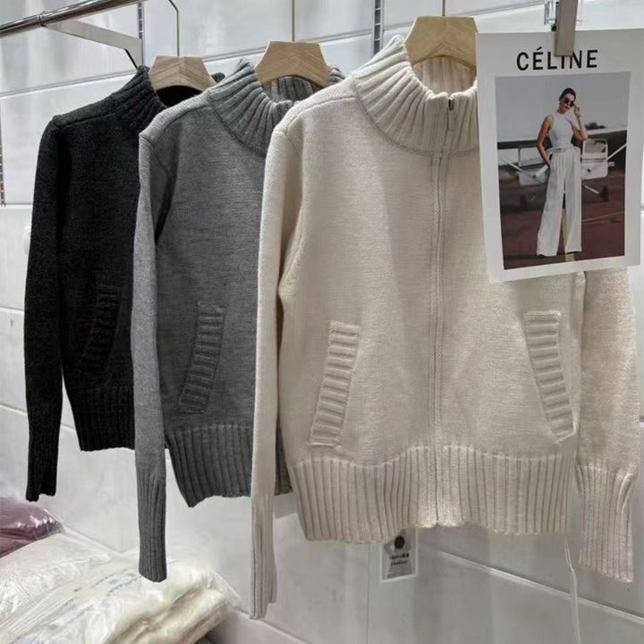 Damen Strickpullover mit hohem Stehkragen und Rippstruktur Drune