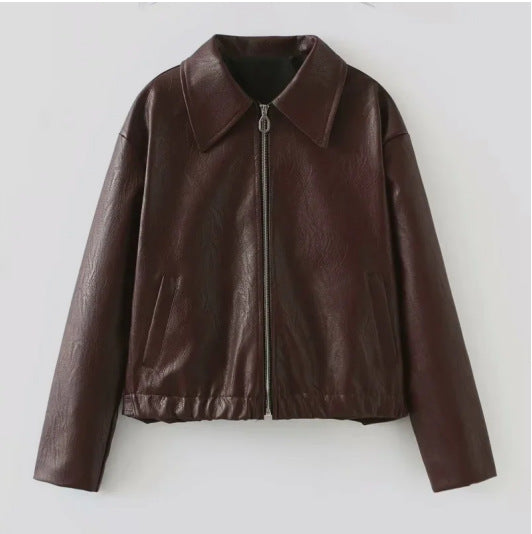Damen Lässige Lederjacke im sportlichen Stil mit elastischem Bund Drune