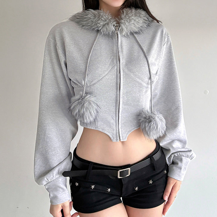 Damen nan kurzes Kapuzen‑Sweatshirt mit Kunstfellbesatz, Reißverschluss und Pompon-Kordeln Drune
