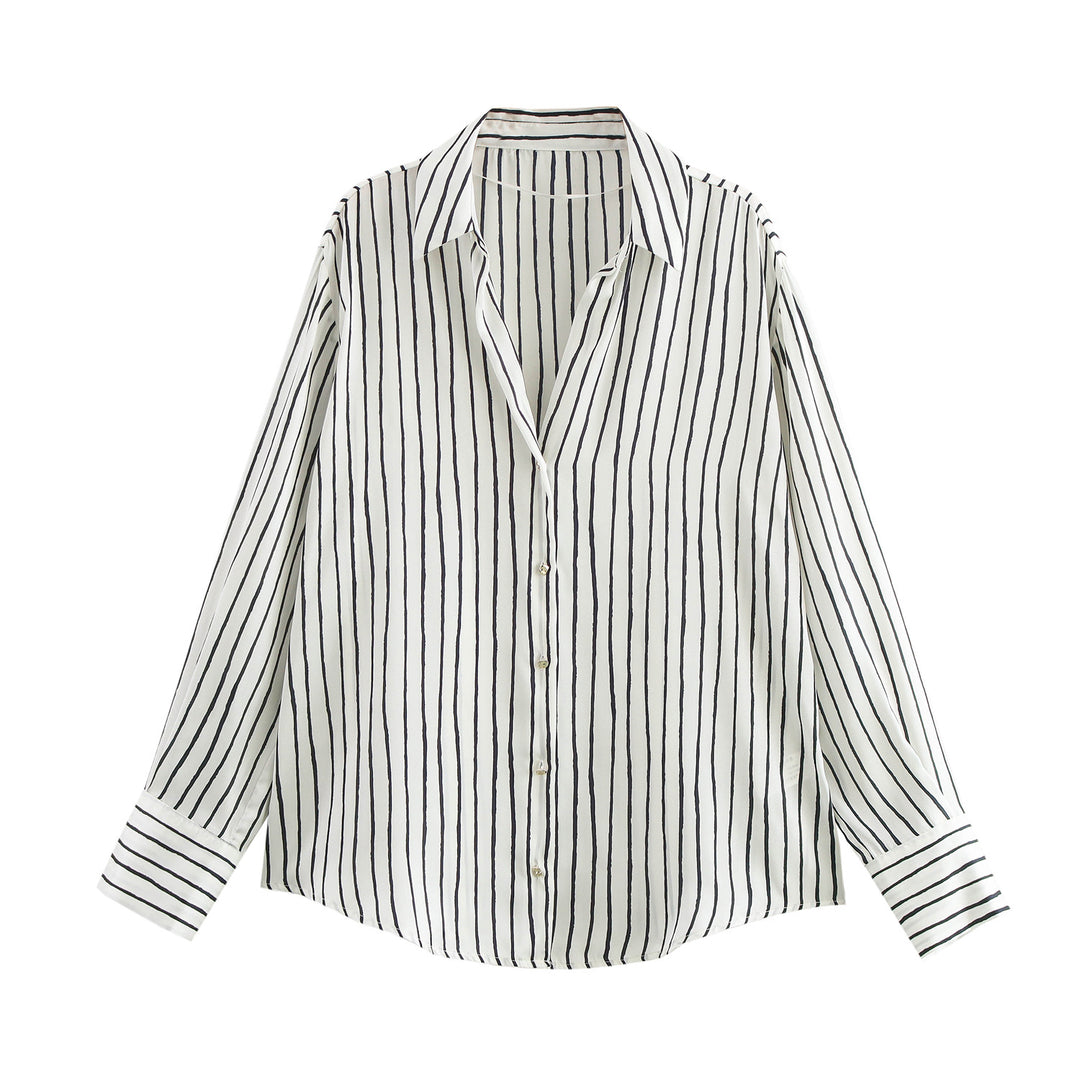 Damen nan oversized Satinbluse mit Hemdkragen, verlängerten Manschetten und abgerundetem Saum Drune