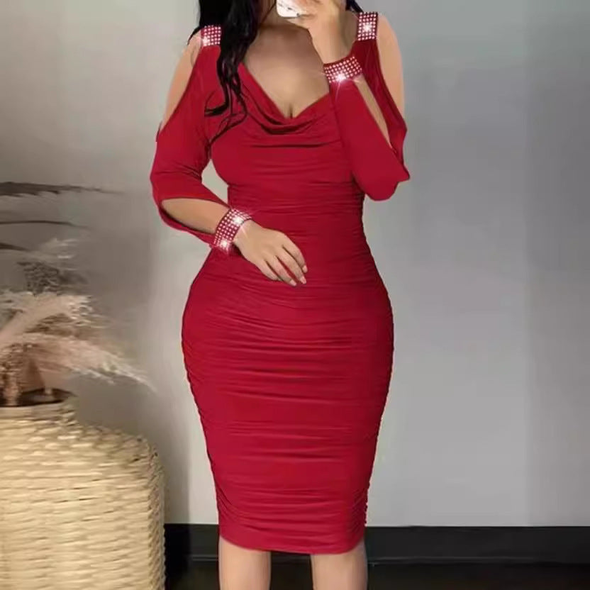 Damen Figurbetontes Cocktailkleid mit detaillierter Raffung und Off-Shoulder-Ärmeln Drune
