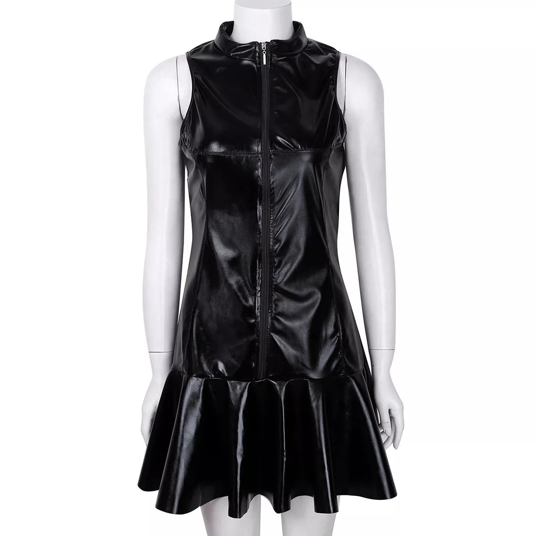 Damen Mini-Kleid im aufregenden Lederlook mit Reißverschluss und schwingendem Saum Drune