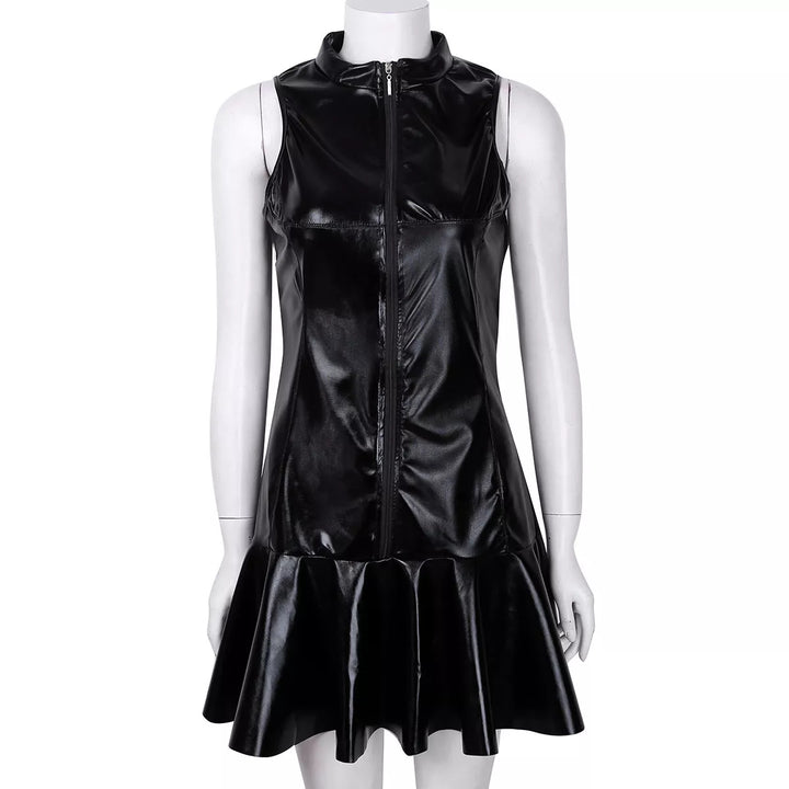 Damen Mini-Kleid im aufregenden Lederlook mit Reißverschluss und schwingendem Saum Drune