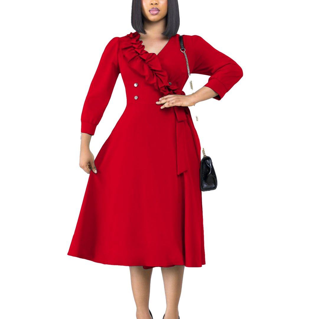 Damen Midikleid mit eleganter Rüschendetail und taillierter Silhouette Drune