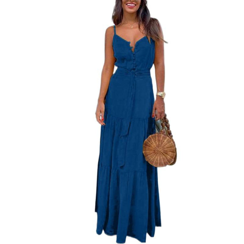 Damen Maxi-Kleid mit knöpfbarem Ausschnitt und Taillengürtel Drune