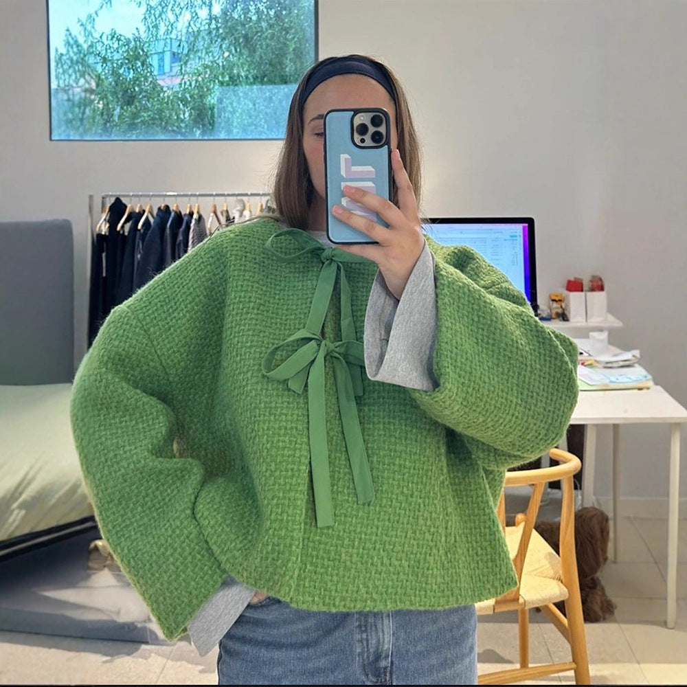 Damen oversized Strickjacke mit dekorativem Binde-Detail Drune